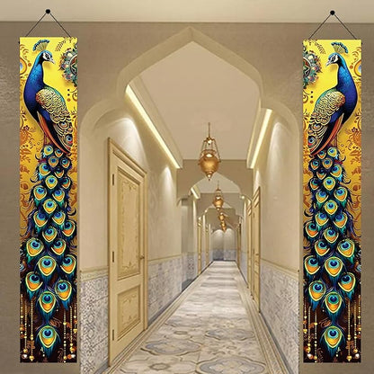Peacock Porch Banners 180x30 CM Elegant Golden Peacock Decorations Hanging Door Signs Outdoor Home Decor Entryway Welcome Banner for Porch Patio Garden Party
