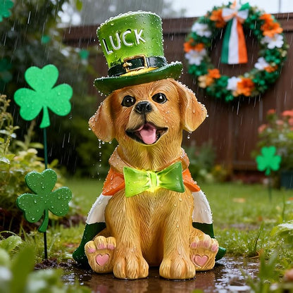 TERESA'S COLLECTIONS Saint Patrick's Day Decor, Dog Statue with Irish Costume and Solar Light, Waterproof Resin Garden Decor, Saint Patrick's Day Decor Gift for Party 8 Inch
