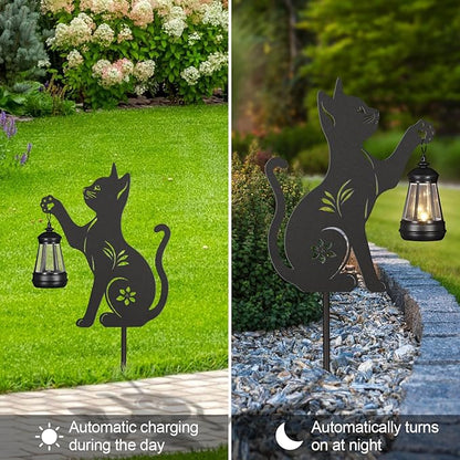 Doorkeer 2Pack Solar Outdoor Garden Lights Stakes Metal Cat Lawn Deco Statue Black Cat Patio Garden Decorative Stakes with Solar Lantern Christmas Birthday Gifts for Women Mom and Grandma