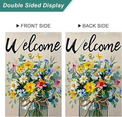 BlissYard Spring Garden Flag Double Sided 12x18 Inch Flowers Glass Barrel Seasonal Welcome Small Flags For Outside Outdoor Decor Yard Farmhouse Holiday Spring Summer Decorations Yard Flags