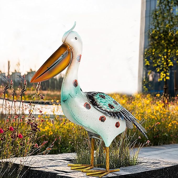 Metal Pelican Garden Statues, Light Green Pelican Coastal Decor for Outdoor Yard Beach Lawn Patio Pool Display (Color-2)