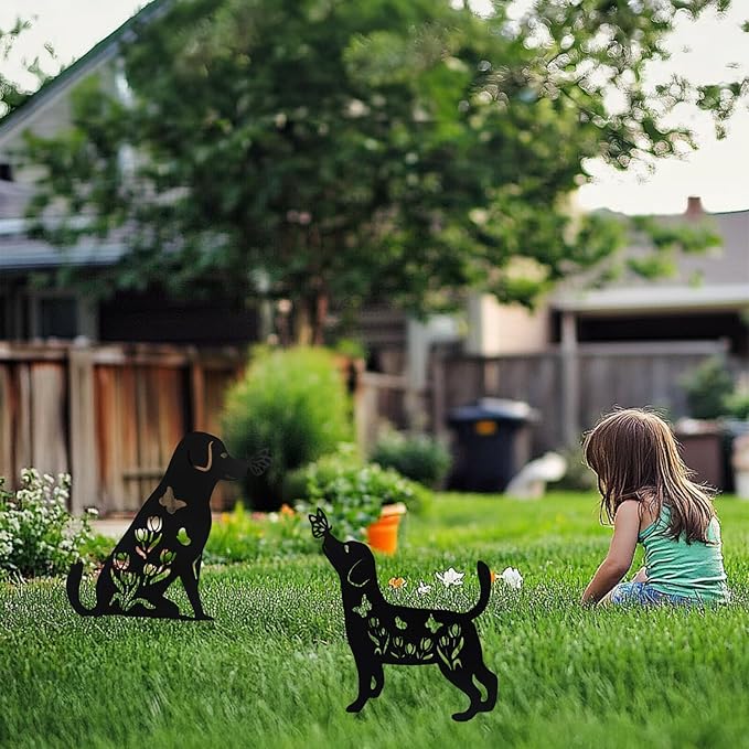 Flohuaer 2PCS Dog Metal Garden Stakes Decorative Labrador Gifts for Women/Men/Dog Lovers Black Animal Silhouette Statues for Outside Yard Art Outdoor Patio Lawn Ornaments Garden Decorations