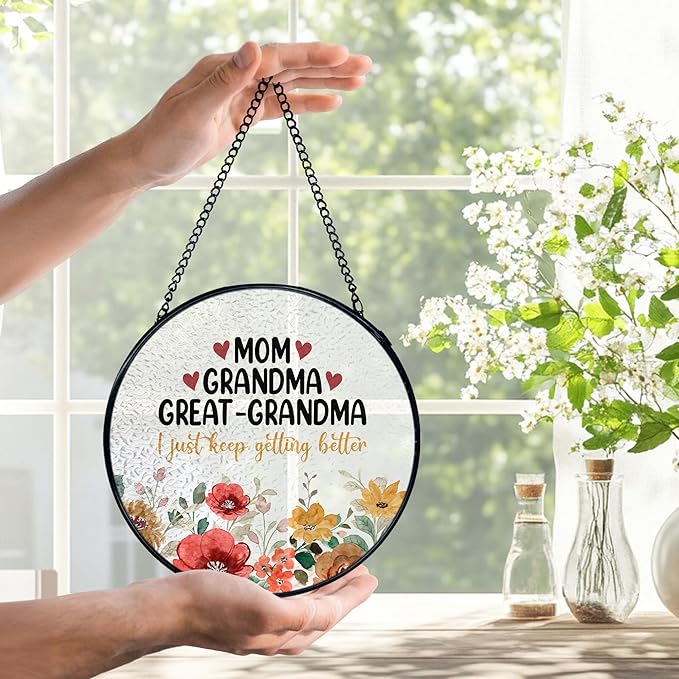 Mom Grandma Flower Suncatchers Stained Glass Window Hanging, Great Grandma Gifts Catchers Indoor Window Glass Round Wall Decor 7.9x7.9in