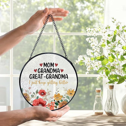 Mom Grandma Flower Suncatchers Stained Glass Window Hanging, Great Grandma Gifts Catchers Indoor Window Glass Round Wall Decor 7.9x7.9in