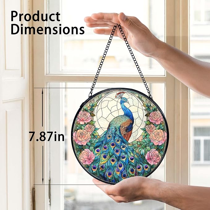 TNUW Peacock Flower Stained Glass Window Hanging, Peacock Decor Sun Catchers Indoor Window Glass Round Wall Art Decor, Bird Floral Wall Hanging Decorations, 7.9＂x7.9＂Suncatchers