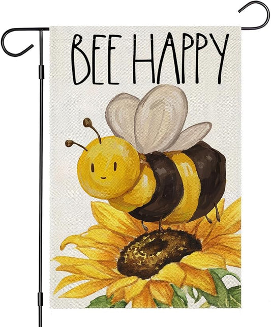 BEE HAPPY Garden Flags for Outside, Summer Watercolor Bee with Sunflower Yard Decoration, Small Seasonal Outdoor Decor for Farmhouse Holiday,12x18 Inch Double Sided