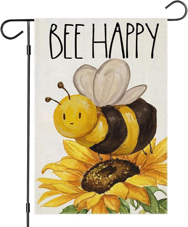 BEE HAPPY Garden Flags for Outside, Summer Watercolor Bee with Sunflower Yard Decoration, Small Seasonal Outdoor Decor for Farmhouse Holiday,12x18 Inch Double Sided
