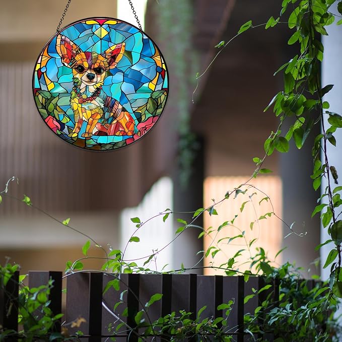 Chihuahua Stained Glass Window Hanging Chihuahua Sun Catcher Decor Dog Lover Gifts for Women Suncatchers for Garden Home Windows Hanging Decoration, 7.87inch