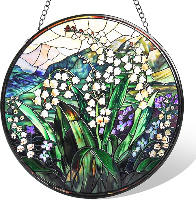 Staied Glass Window Hanging, White Green Lily Sun Catcher for Door Terrace Garden Kitchen Home Decor, Plants Flowers Suncatchers for Christmas Mother's Day Birthday Gift for Women Men Mom Nana 7.8 in