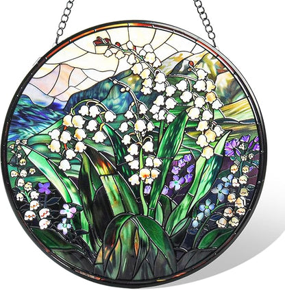 Staied Glass Window Hanging, White Green Lily Sun Catcher for Door Terrace Garden Kitchen Home Decor, Plants Flowers Suncatchers for Christmas Mother's Day Birthday Gift for Women Men Mom Nana 7.8 in