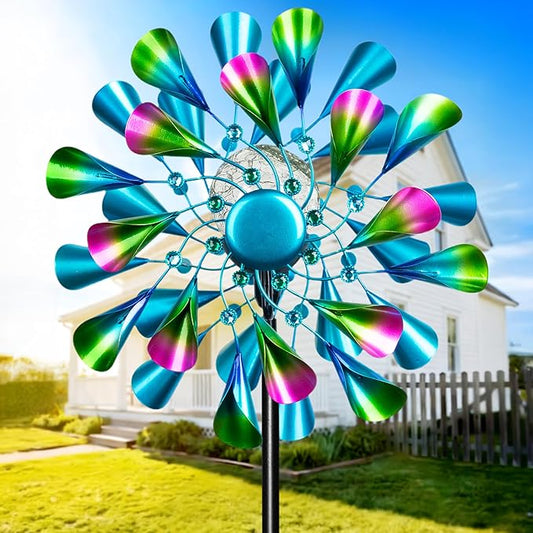 60'' Wind Spinner with Color Glass Ball Solar Lights, Green Peacock Feathers Metal Garden Outdoor Decor Yard Lawn Art Decor for Patio Kinetic Windmills Unique Gifts for Friends and Family
