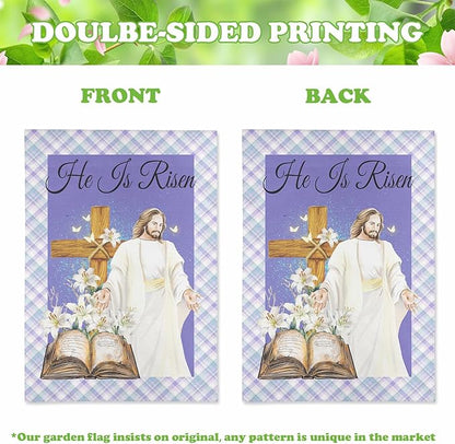 He is Risen Garden Flag Easter Cross Religious Yard Flags Lily Jesus Holy Bible Butterfly Burlap Double Sided House Banners Spring Lilies Christianity Church Garden Flags 12 x 18 Inch