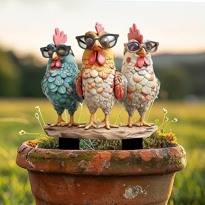 Garden Stake Decor, Acrylic 2D Flat Cute Animal Statue, Fairy Sculptures Ornament Indoor Outdoor Yard Lawn Pot Plant Decorative Accessories (Three Roosters Wearing Glasses)