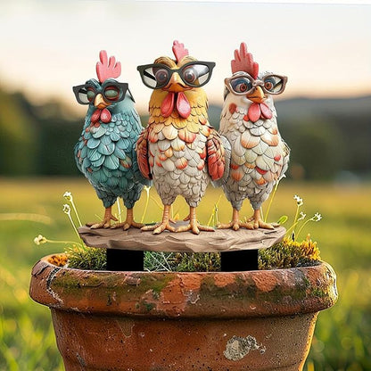 Garden Stake Decor, Acrylic 2D Flat Cute Animal Statue, Fairy Sculptures Ornament Indoor Outdoor Yard Lawn Pot Plant Decorative Accessories (Three Roosters Wearing Glasses)