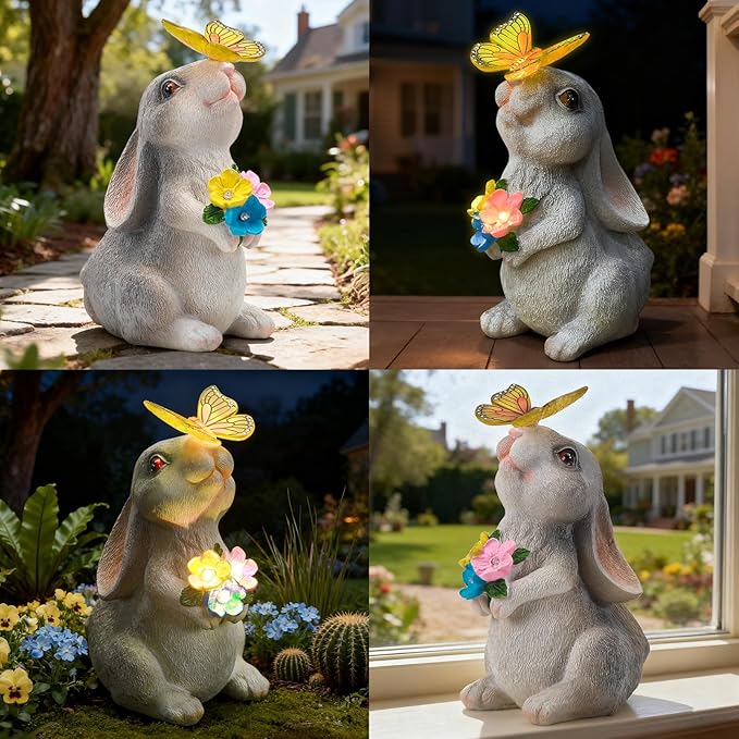 Solar Garden Statue Outdoor Decor, Rabbit Figurine with Butterfly LED Lights, Bunny Statue for Garden, Yard Decor, Lawn Ornament, Valentine's Day Birthday Gift for Women Mom Grandma