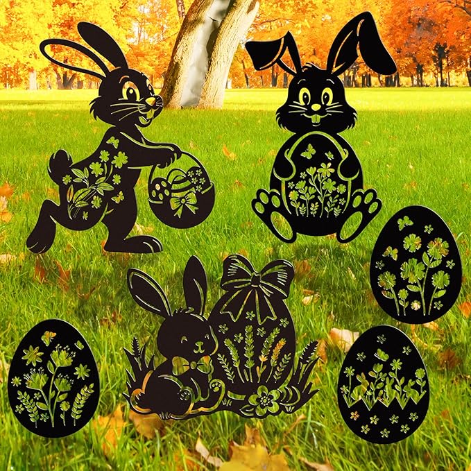 Rngmsi Metal Bunny Garden Decor, 6PCS Easter Rabbit Metal Yard Art Rabbit Silhouette, Happy Easter Bunny Egg Garden Stakes Yard Decorations for Lawn and Yard Flowerbeds Planters Patios Decor