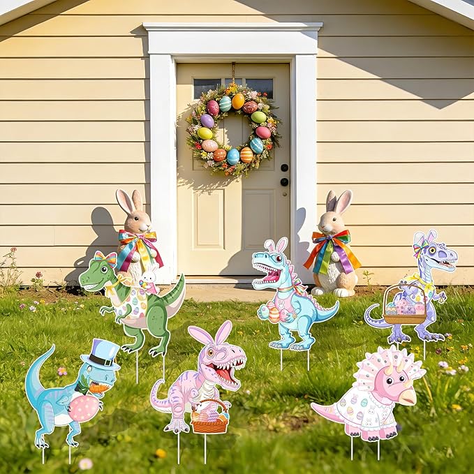 6PCS Easter Dinosaur Yard Signs with Stakes,Easter Dinosaur with Bunny and Egg Decoration for Holiday Celebration Decorations for Yard, Lawn and Patio