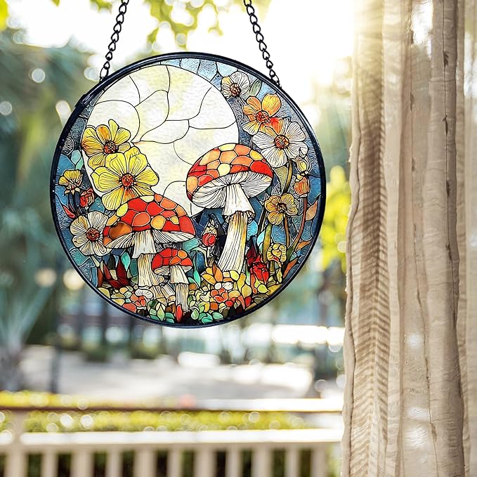 kdqua Mushroom Flower Suncatcher Stained Glass Window Hanging, Full Moon Mushroom Sun Catchers Indoor Window Glass Round Wall Decor, Cottagecore Wall Art Hanging Decorations Statues, 7.9x7.9in