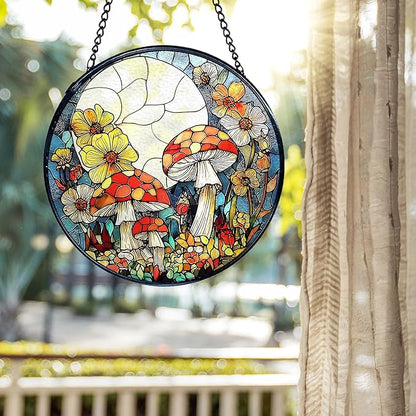 kdqua Mushroom Flower Suncatcher Stained Glass Window Hanging, Full Moon Mushroom Sun Catchers Indoor Window Glass Round Wall Decor, Cottagecore Wall Art Hanging Decorations Statues, 7.9x7.9in