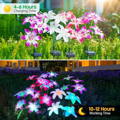Ahaorigin Solar Garden Lights Outdoor, 4 Pack Blooming Lily Solar Flowers Outdoor Waterproof, 7 Color Changing Bigger Flower Lights for Yard Patio Decor, Gift for Mom