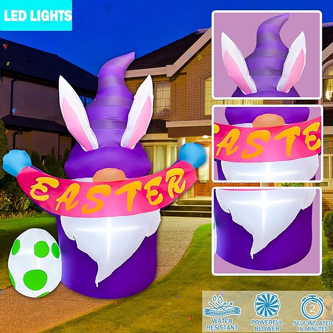 4FT Easter Inflatables Outdoor Decoration Purple Gnome, LED Lighted Inflatables Gnome for Home Yard Lawn Garden Easter Blow up Yard Decorations