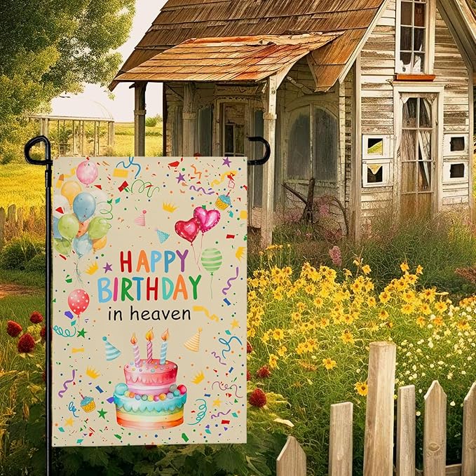 Happy Birthday in Heaven Garden Flag 12x18 Inch Double Sided Colorful Balloon Cake Memorial Yard Banner Outdoor Birthday Remembrance Decoration for Patio Lawn Porch Garden Decor House Flags