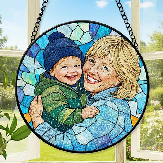 Personalized Grandma Stained Glass Sun Catcher, Custom Photo Window Hanging, Personalized Stained Glass, Gift for Grandma, Grandparents, Christmas, Birthday, Keepsake, Christmas Ornament, P4