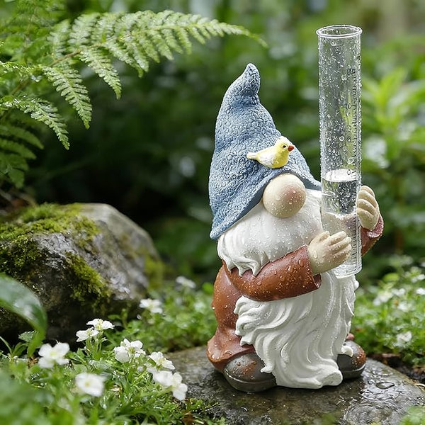 Rain Gauge Outdoor, 8Inch Resin Garden Gnome Rain Gauge Hand Painted Gnome Statue with Plastic Gauge, Decorative Yard Gnome for Outdoor Garden Yard Lawn Decor