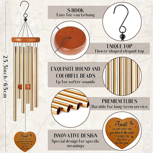 Aunt Gifts Wind Chime - Metal Windchimes with Greeting Card Indoor Outdoor Garden Patio Yard Home Porch Balcony Backyard Hanging Decor Appreciation Birthday Gift for Auntie from Niece Nephew