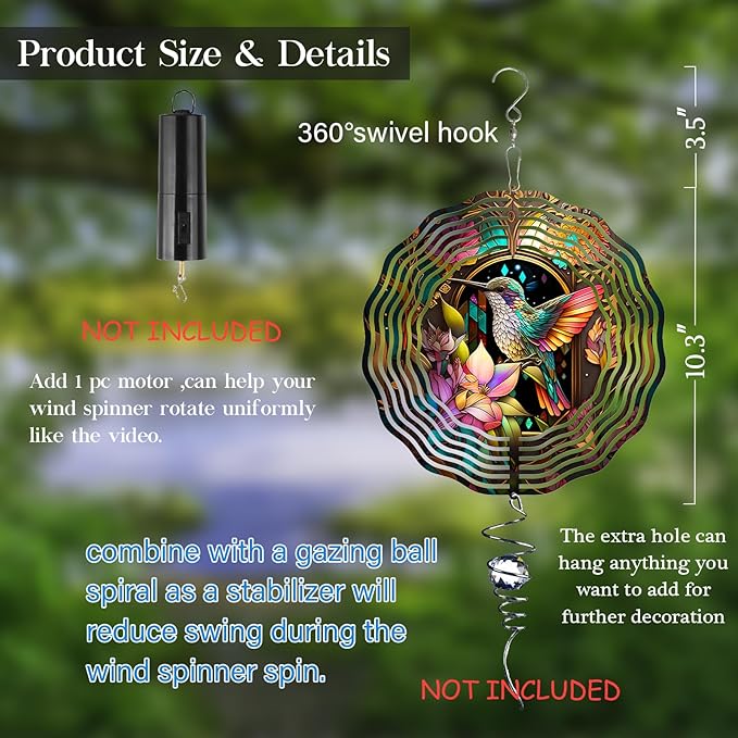 Hummingbird Wind Spinner,3D Hummingbird Spinners Gorgeous Outdoor Garden Decoration 10Inch 3D Steel Wind Spinner Outdoor Easy to Use Wind Sculptures Ideal Gift