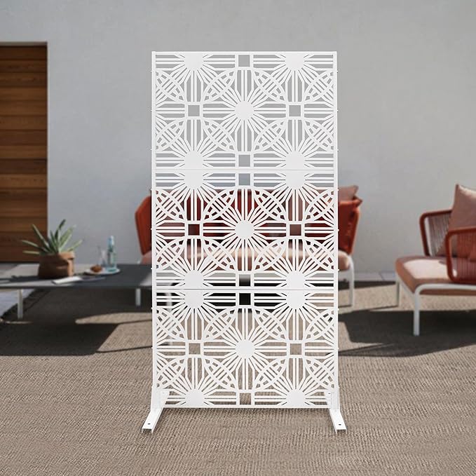 Metal Privacy Screen, 72" H x 36" W Freestanding Privacy Screens, Patio Decorative Metal Fence Panels with Stand, Portable Divider Screens, for Backyard/Patio/Deck (White-Great Unity, 72''H×36''W)