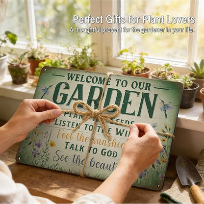 Garden Signs Garden Decor for Outside - Welcome To Our Garden Tin Sign, Vintage Gardening Signs Gifts for Plant Lovers Women Gardeners 12x8 Inch