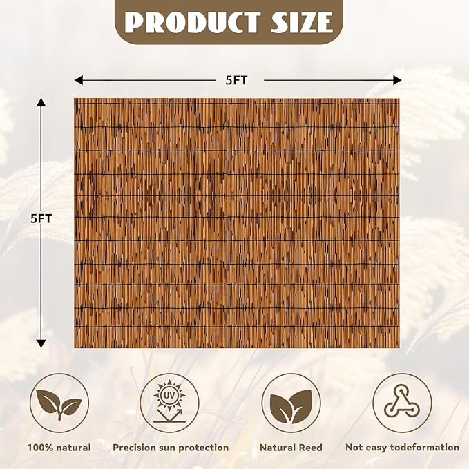 KOIUEYW Bamboo Reed Fencing, Decorative Bamboo Curtains for Patio, Light Russet Privacy Fence Reed Screens Outdoor for Patio Garden Balcony Privacy Screen, 5 x 5 FT