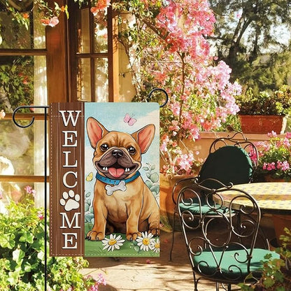 Dyrenson Welcome French Bulldog Dog Decorative Garden Flag, Paw Print Yard Outside Home Decorations Pet Lover Gifts, Spring Summer Burlap Outdoor Small Decor Double Sided 12 x 18