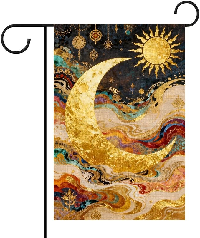 Sun and Moon Garden Flag for Outdoor Decor, Double Sided Seasonal Yard Flag with Golden Celestial Design, 12x18 Inch, Pole Not Included