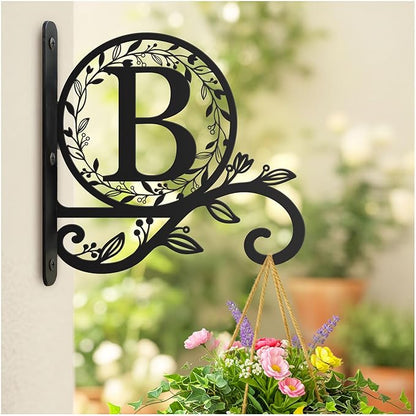 Metal Initial Letter B Plant Hanger Bracket, Decorative Wall Mount Hanging Plant Hook, Monogram Floral Leaf Garden Decor for Hanging Baskets, Bird Feeders, Lanterns, Wind Chimes