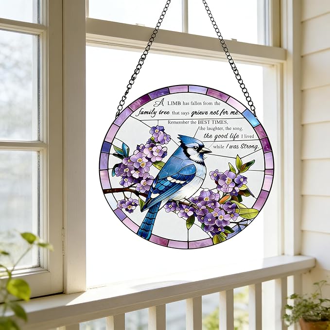 Stained Glass Window Hanging 7.8 in Memorial Ornaments with Poem Sympathy Gifts for Loss of Loved One Sun Catchers Indoor Window Bird Ornaments Suncatcher Decor