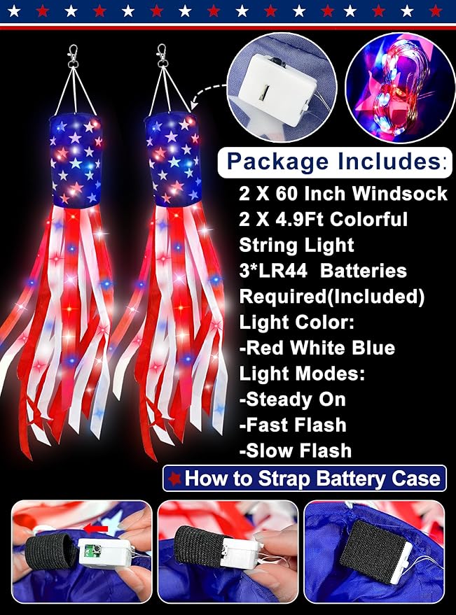 2 Pack 60 Inch American Flag Windsock with Red White Blue LED Lights, 250th Anniversary USA 4th of July Decorations Wind Socks for Outside, Patriotic Memorial Day Independence Day Decor