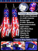 2 Pack 60 Inch American Flag Windsock with Red White Blue LED Lights, 250th Anniversary USA 4th of July Decorations Wind Socks for Outside, Patriotic Memorial Day Independence Day Decor