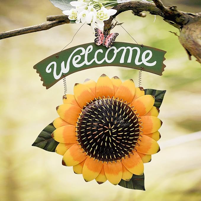 Sunflower Welcome Sign Metal Hanging Welcome Plaque for Wall Front Door - Decorative Flower Yard Signs Spring Wreath Decor for Garden Porch Patio Backyard (H)