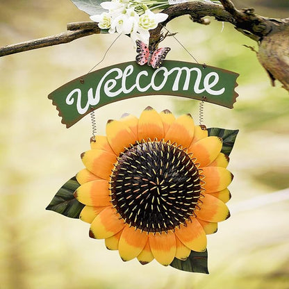 Sunflower Welcome Sign Metal Hanging Welcome Plaque for Wall Front Door - Decorative Flower Yard Signs Spring Wreath Decor for Garden Porch Patio Backyard (H)