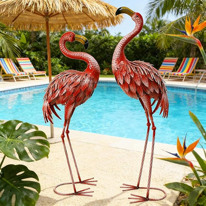 32-36 Inch Yard Flamingos Garden Statues, Metal Flamingo Outdoor Decor, Vibrant Flamingo Statues for Lawn, Backyard, Porch, Patio, Set of 2