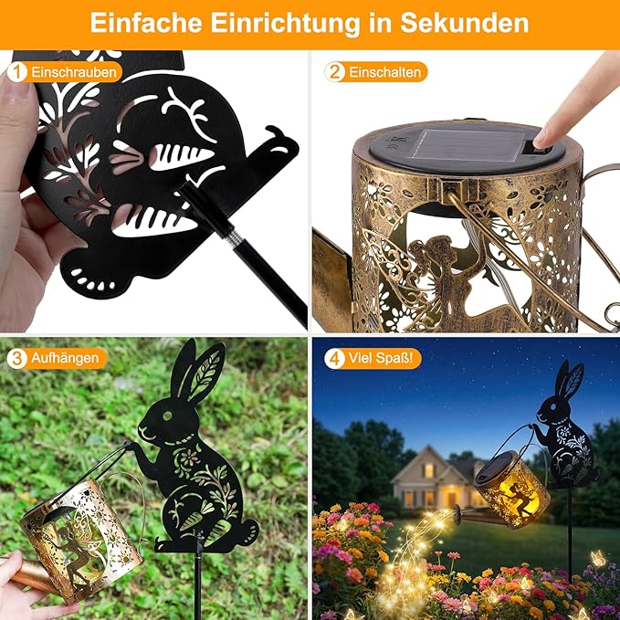 Solar Watering Can Light with Bunny Silhouette Stake & Fairy Design - Cascading LED String Light for Garden Yard Patio Decor, IP65 Waterproof Outdoor Gift for Mom, Women, Birthday, Housewarming