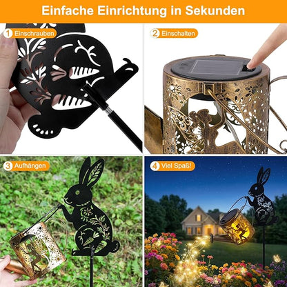 Solar Watering Can Light with Bunny Silhouette Stake & Fairy Design - Cascading LED String Light for Garden Yard Patio Decor, IP65 Waterproof Outdoor Gift for Mom, Women, Birthday, Housewarming