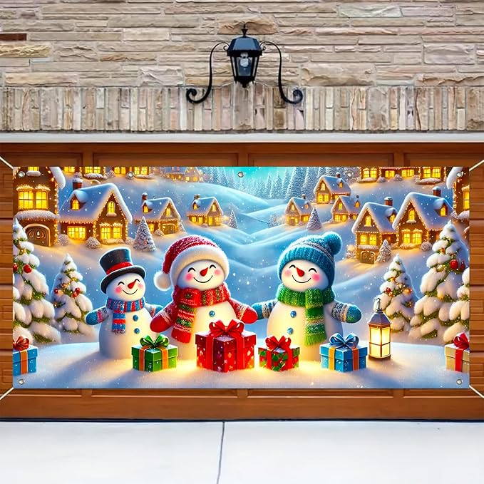 HOMETITUTE Christmas Garage Door Banner 13x6ft Snowman Family Winter Village Scene Holiday Backdrop Red Green Blue Gift Box Lantern Indoor Outdoor Wall Hanging Seasonal Porch Decoration Party