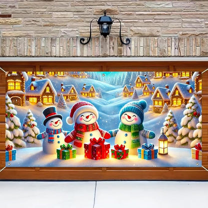 HOMETITUTE Christmas Garage Door Banner 13x6ft Snowman Family Winter Village Scene Holiday Backdrop Red Green Blue Gift Box Lantern Indoor Outdoor Wall Hanging Seasonal Porch Decoration Party