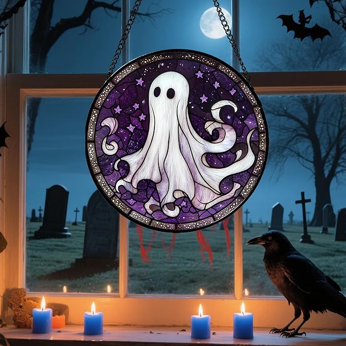 DASTOLL Stained Glass Window Hanging - Halloween Decorations White Ghost Purple Stars Suncatcher for Doors Garden Spooky Funny Sun Catchers Gothic Decor Horror Gifts for Women Men Friend 6.3 in