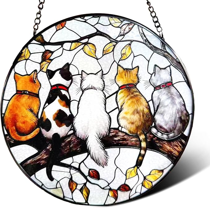 Cat Suncatcher Stained Glass Window Hanging - Cat Lover Gifts for Women Mom Friend Teacher, Birthday Mother's Day Christmas Housewarming Home Decor for Kitchen Living Room Indoor & Garden 7.8 in
