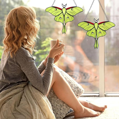 Yalikop 2 Pcs Luna Moth Stained Glass Window Hangings, Green Butterfly Sun Catchers for Windows, Mothers Day Decor Gifts for Mom, Handmade Glass Suncatcher Home Garden Decor, Gift for Decorations