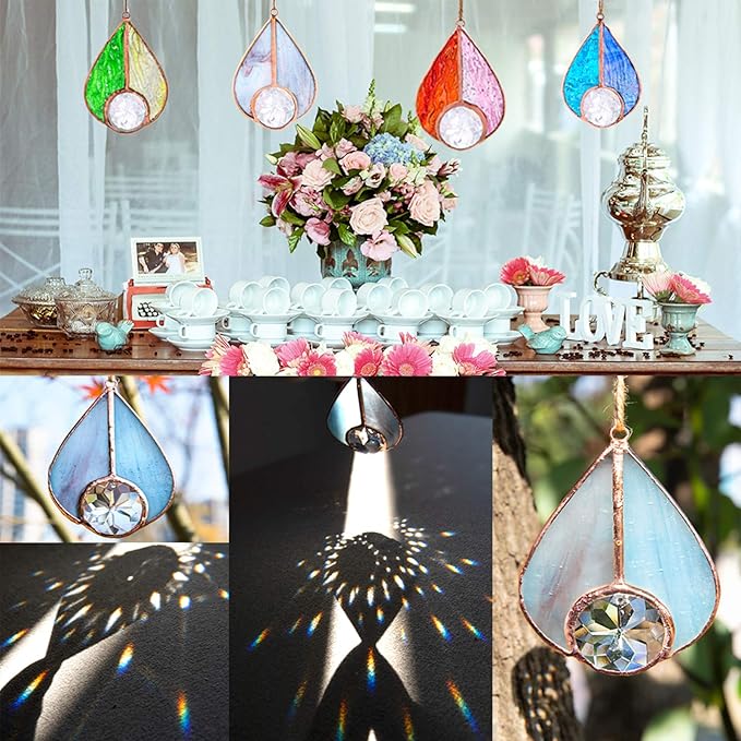 H&D HYALINE & DORA Art Stained Glass Suncatcher Teardrop Ornament, Suncatchers Hang for Window Wedding Party